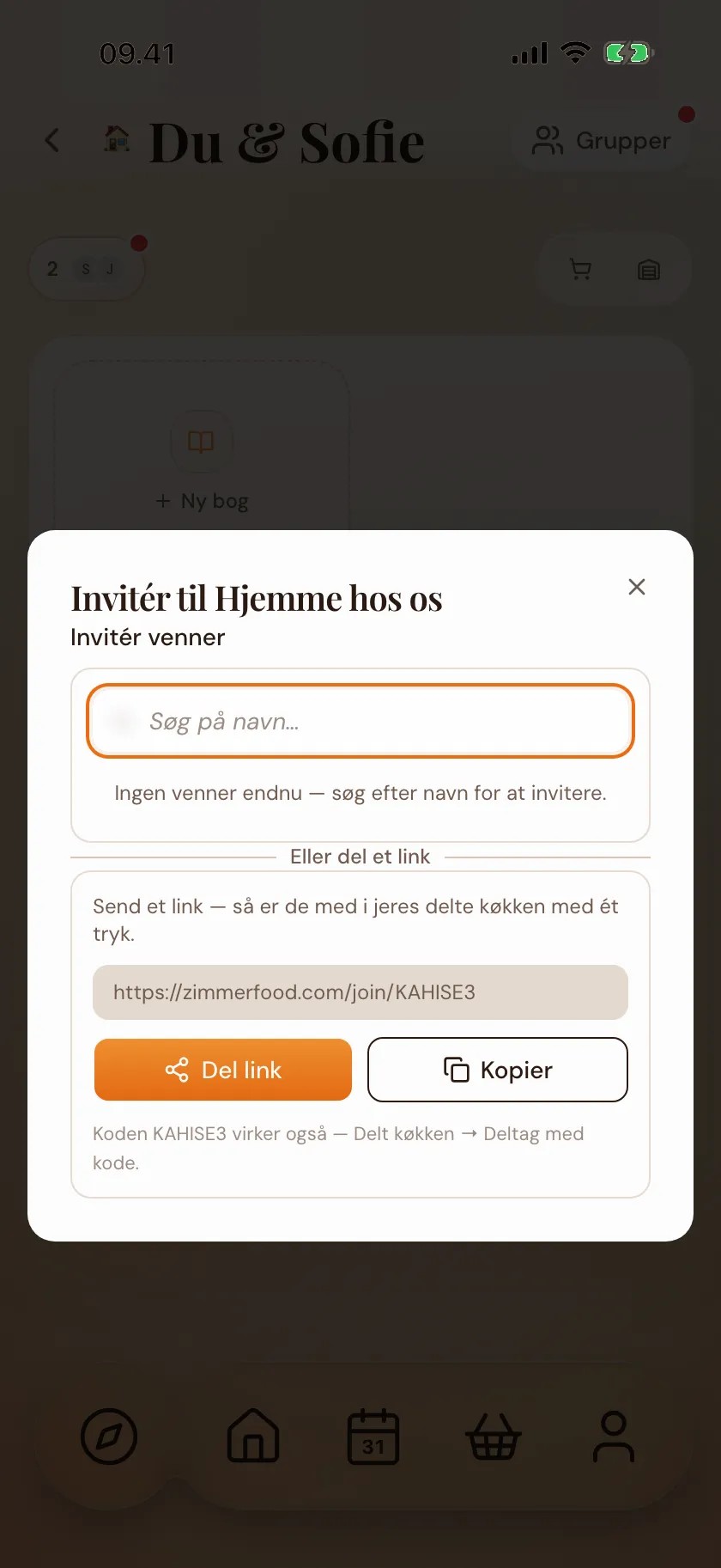 En invitation til et delt køkken i Zimmer — link og kode klar til at sende