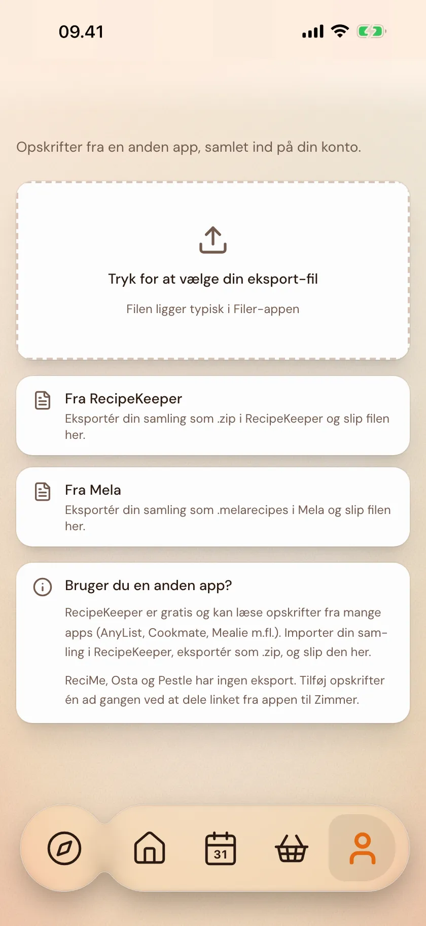 Fil-import i Zimmer, klar til en eksportfil fra en anden app