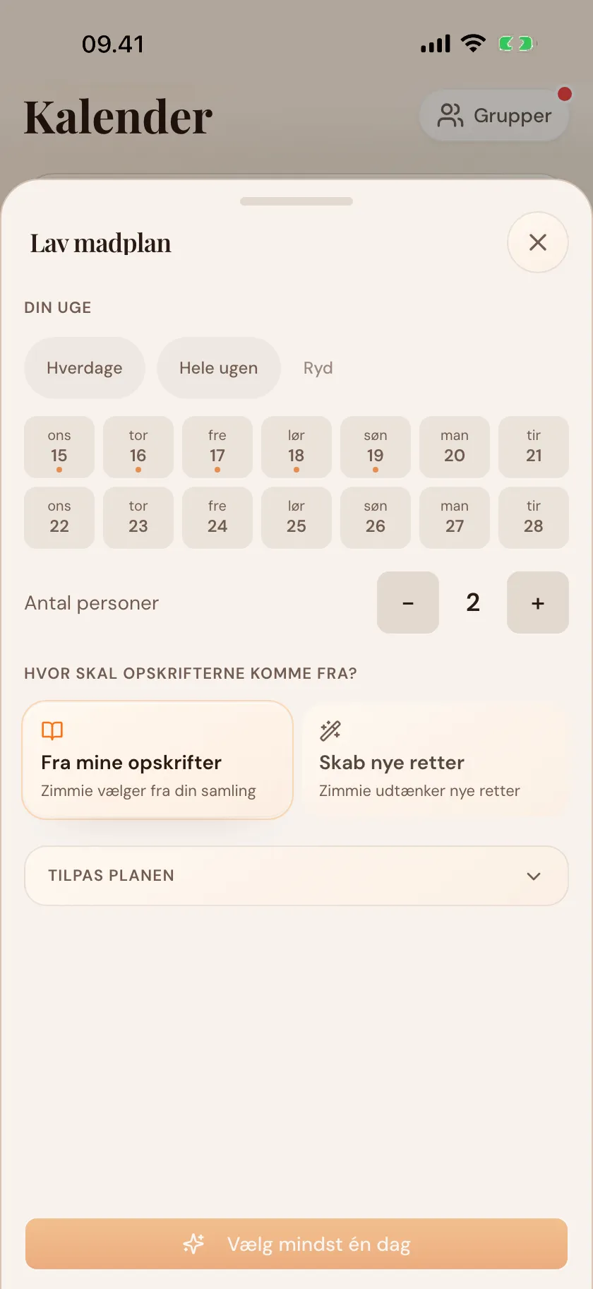 Lav en madplan i Zimmer — sig hvad ugen skal kunne, hvor mange I er, og hvilke dage